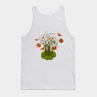 Celebrating halloween spooky season in scary pumpkins garden with flying pumpkin Tank Top